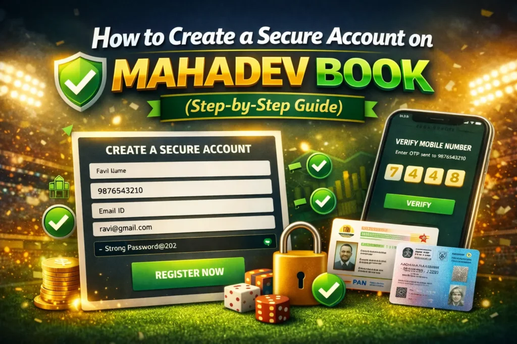 Mahadev Book secure account setup infographic with registration form and OTP verification
