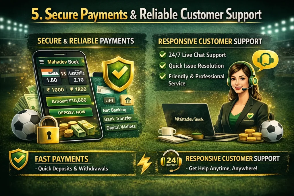 Mahadev Book infographic displaying secure payment options like UPI, net banking and 24/7 customer support assistance.