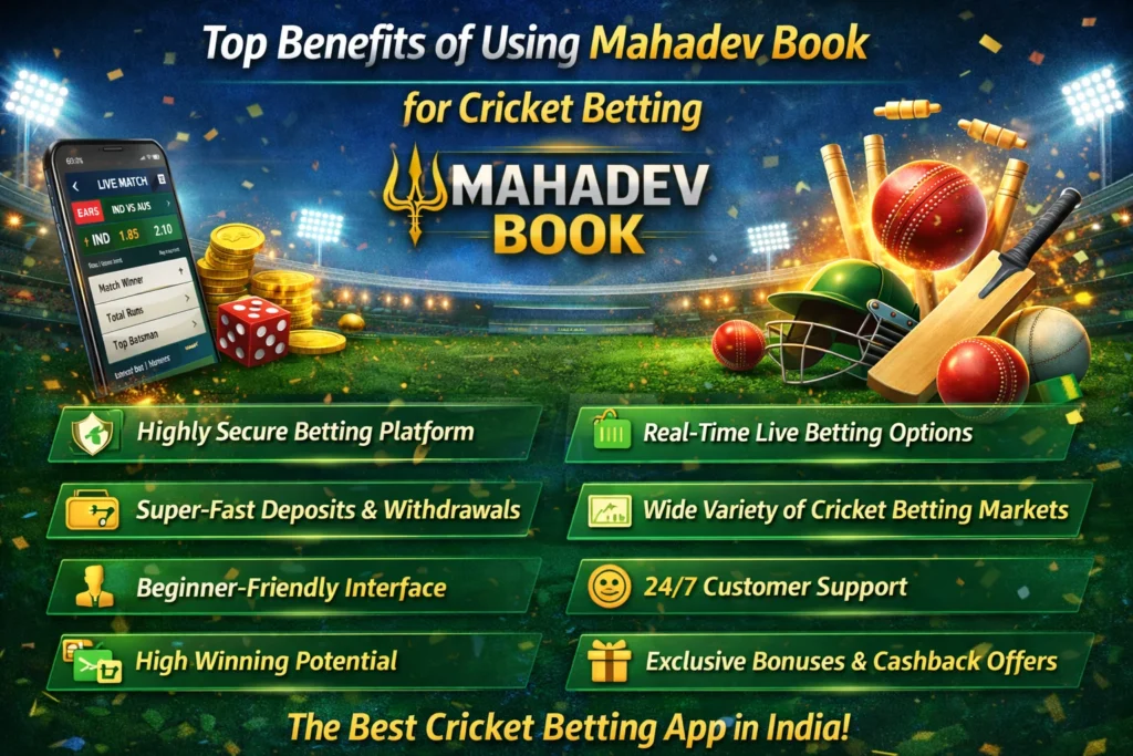 Mahadev Book benefits banner showcasing secure betting, live odds, fast withdrawals, and 24/7 customer support.