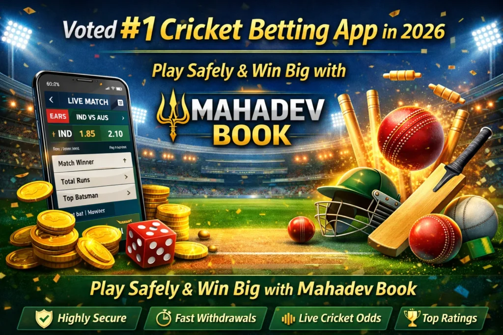 Mahadev Book trusted cricket betting app banner highlighting security, fast withdrawals, and live cricket odds.