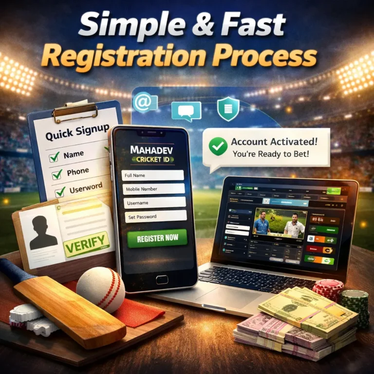 Mahadev Cricket ID betting account registration process on mobile and laptop with live cricket dashboard