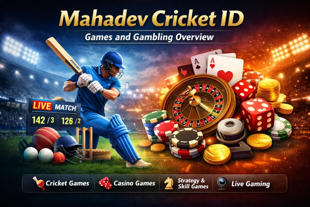 Mahadev Cricket ID introduction showing cricket and casino visuals for games and gambling platform overview