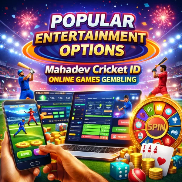 Mahadev Cricket ID popular entertainment options illustration showing cricket gaming mobile app spin wheel and online games gembling dashboard