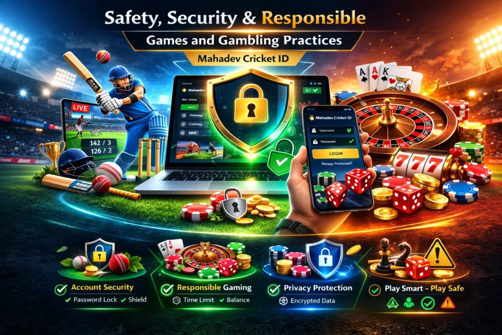 Mahadev Cricket ID safety and security illustration with responsible games and gambling practices and secure login visuals