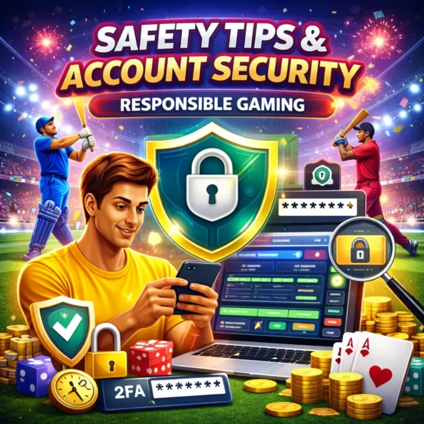 Mahadev Cricket ID safety tips illustration showing secure login shield password protection and responsible online games gembling practices