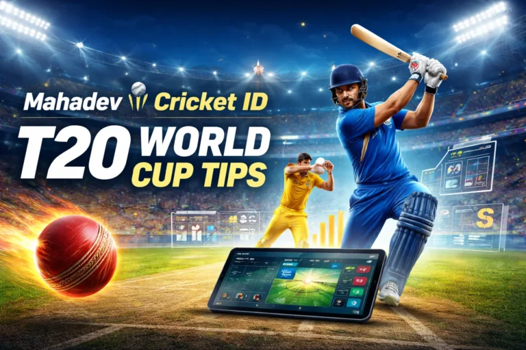 Mahadev Cricket ID T20 World Cup Tips header image showing batsman, live cricket stats and match strategy visuals