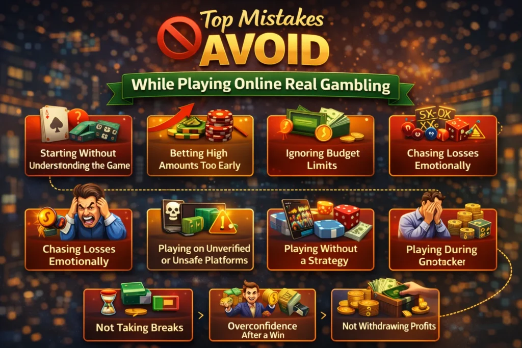 Infographic showing top mistakes to avoid while playing online real gambling, including chasing losses and betting too high.
