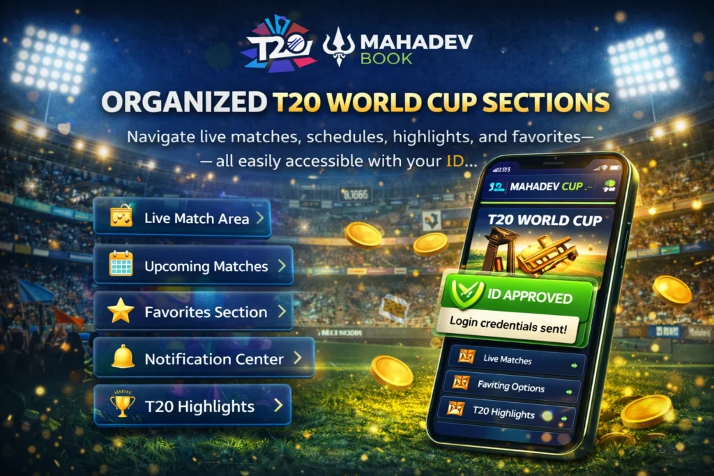 Digital image showing Mahadev Book dashboard with organized T20 sections like live match area, upcoming matches, and highlights.
