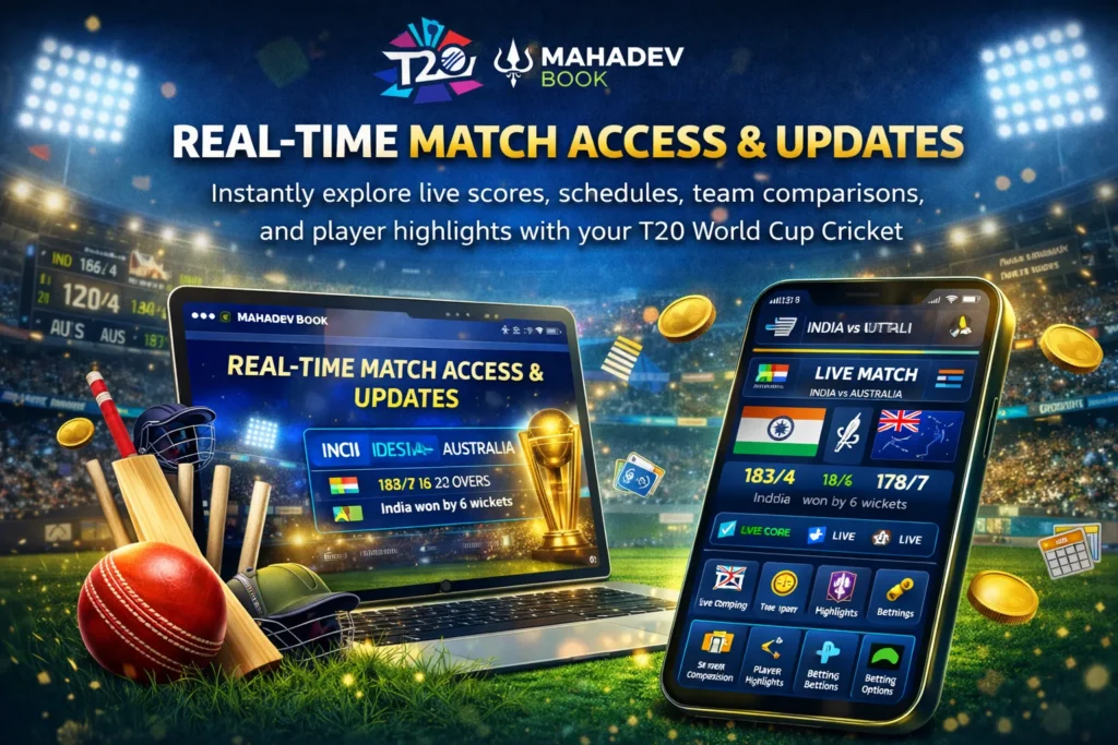 Mahadev Book real-time live match access graphic with mobile and laptop screens showing India vs Australia updates.