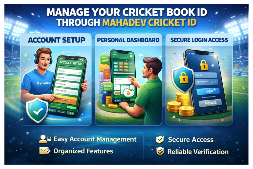 Manage Cricket Book ID securely using Mahadev Cricket ID with account setup, personal dashboard and secure login access illustration