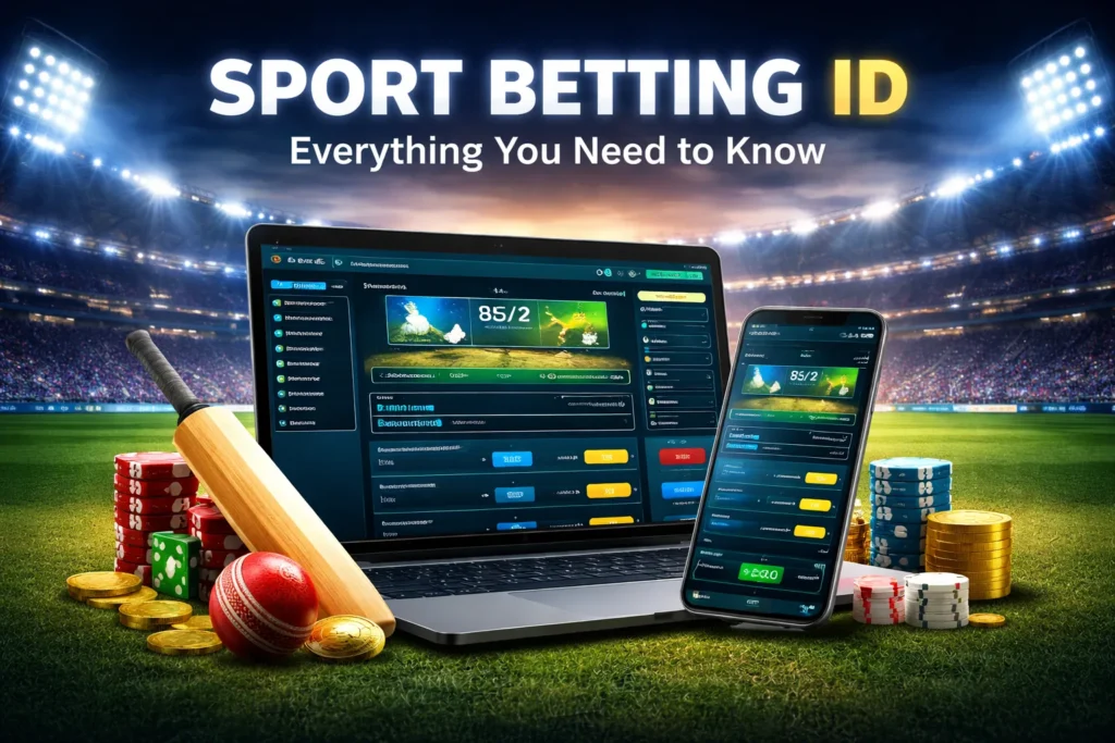 Sport Betting ID dashboard showing live cricket betting platform on laptop and mobile with Mahadev Cricket ID interface