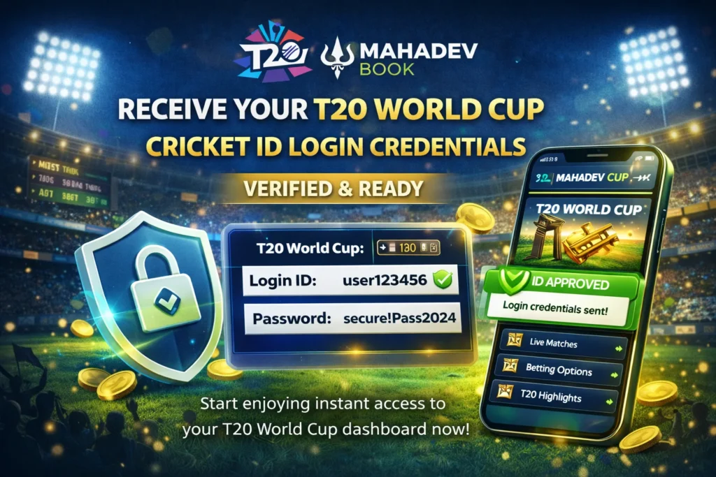 Image showing approved T20 World Cup Cricket ID login credentials with lock icon and Mahadev Book mobile dashboard.