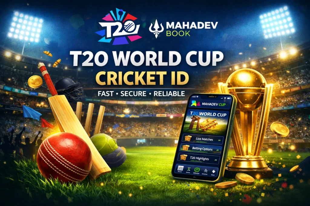 T20 World Cup Cricket ID graphic showing Mahadev Book dashboard with cricket stadium and trophy.