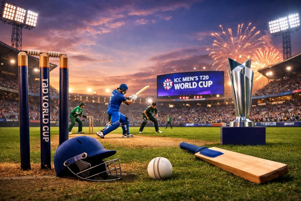 A dramatic T20 World Cup cricket match in a packed stadium with players in action and the tournament trophy displayed.