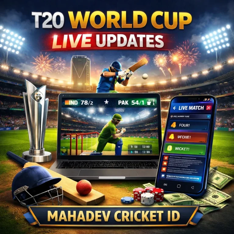 T20 World Cup Live updates shown on laptop and mobile with Mahadev Cricket ID real-time cricket scores and match insights.