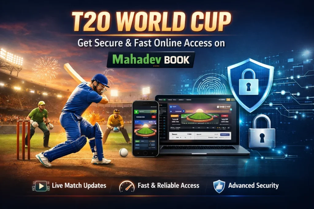 A digital graphic showing T20 World Cup action with Mahadev Book platform offering secure and fast online access.