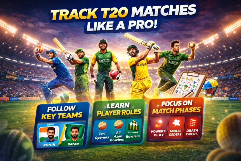 Cricket strategy graphic showing how to follow T20 World Cup Team matches, player roles, and match phases
