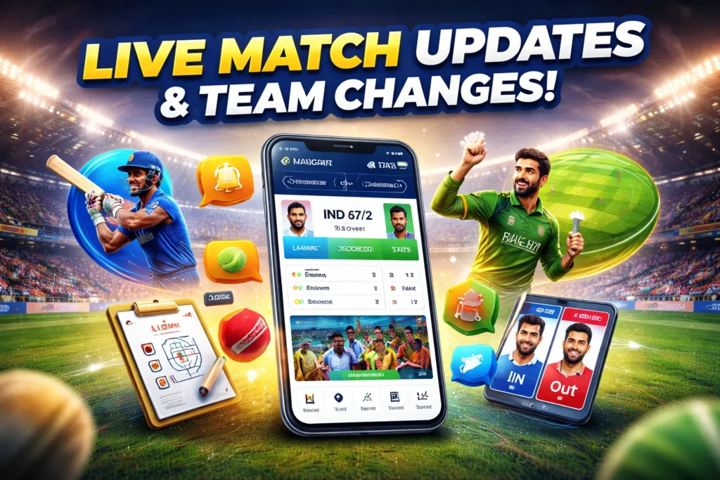 Smartphone showing T20 World Cup Team live match updates, squad changes, and cricket statistics on Mahadev Cricket ID