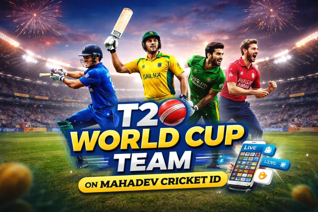 T20 World Cup Team players with stadium background promoting Mahadev Cricket ID latest squads and match updates