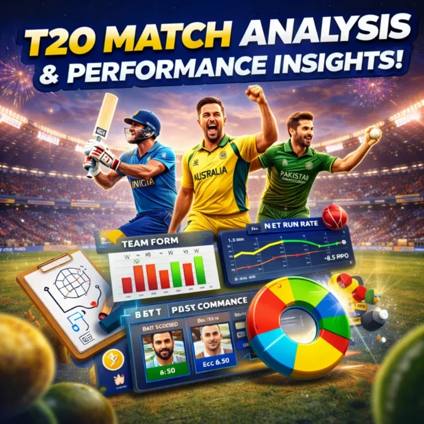 Cricket players with charts and stats showing T20 World Cup Team performance trends and match analysis