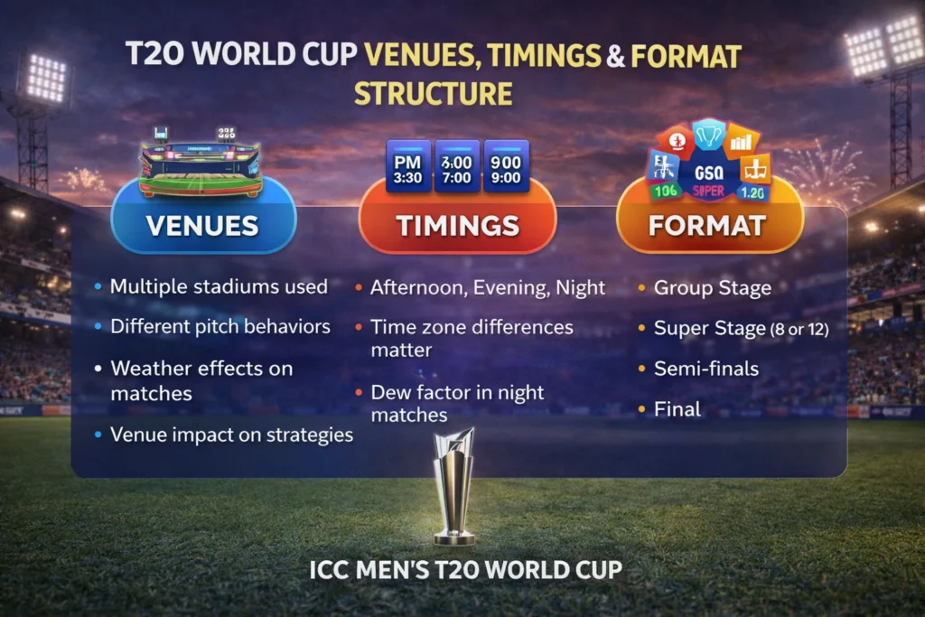 Infographic showcasing T20 World Cup venues, match timings, and tournament format structure with icons.