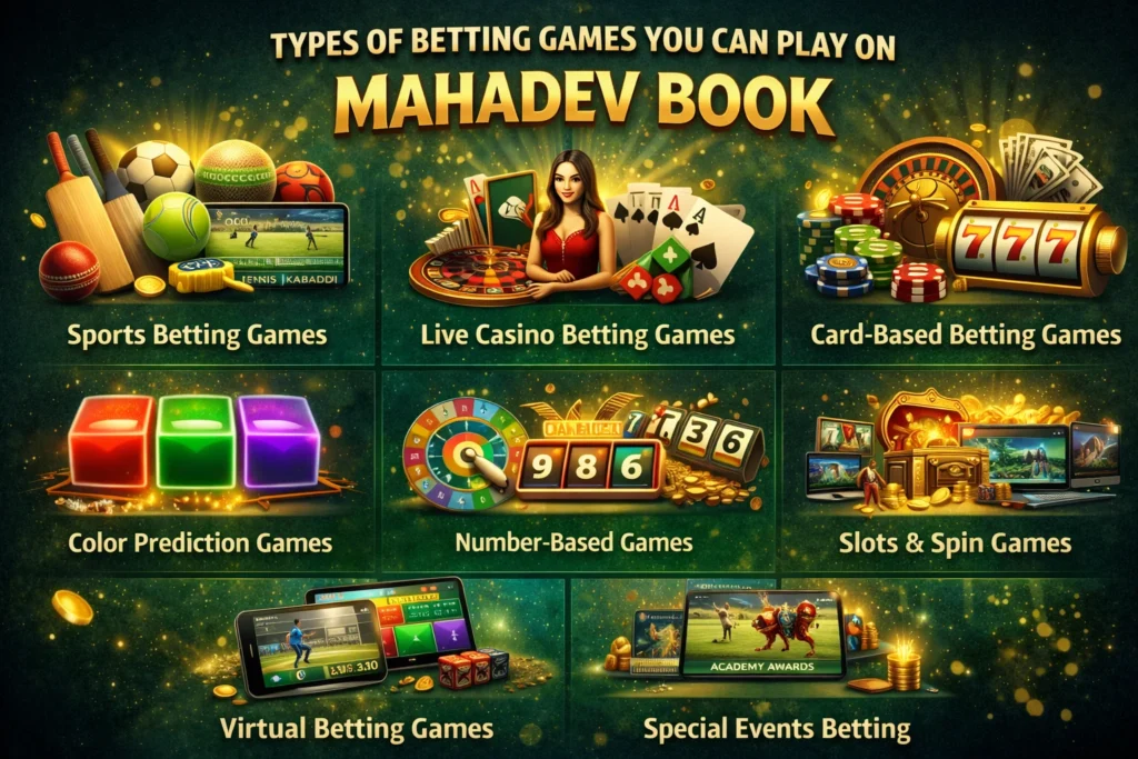 Graphic showcasing sports betting, live casino, card games, number games, color prediction, slots, and virtual betting on Mahadev Book.