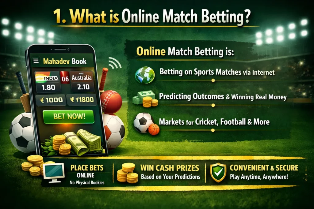 Infographic explaining what online match betting is on Mahadev Book platform showing live cricket odds and deposit options.