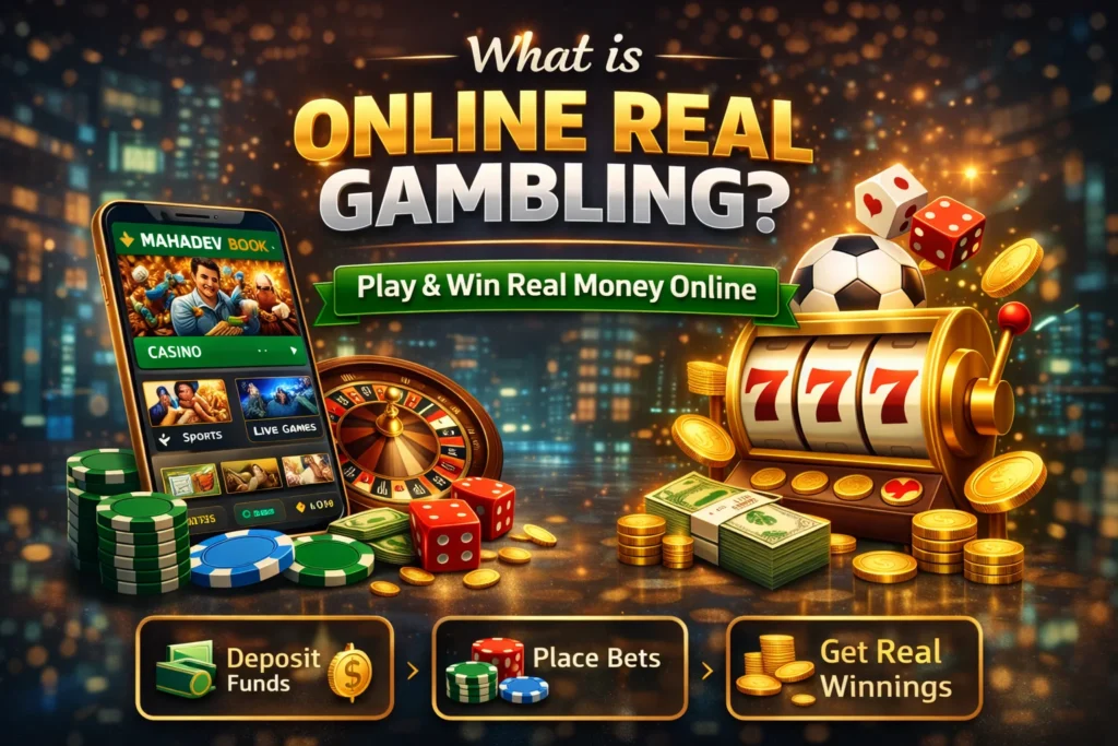 Digital illustration explaining what online real gambling is with casino icons and Mahadev Book interface.