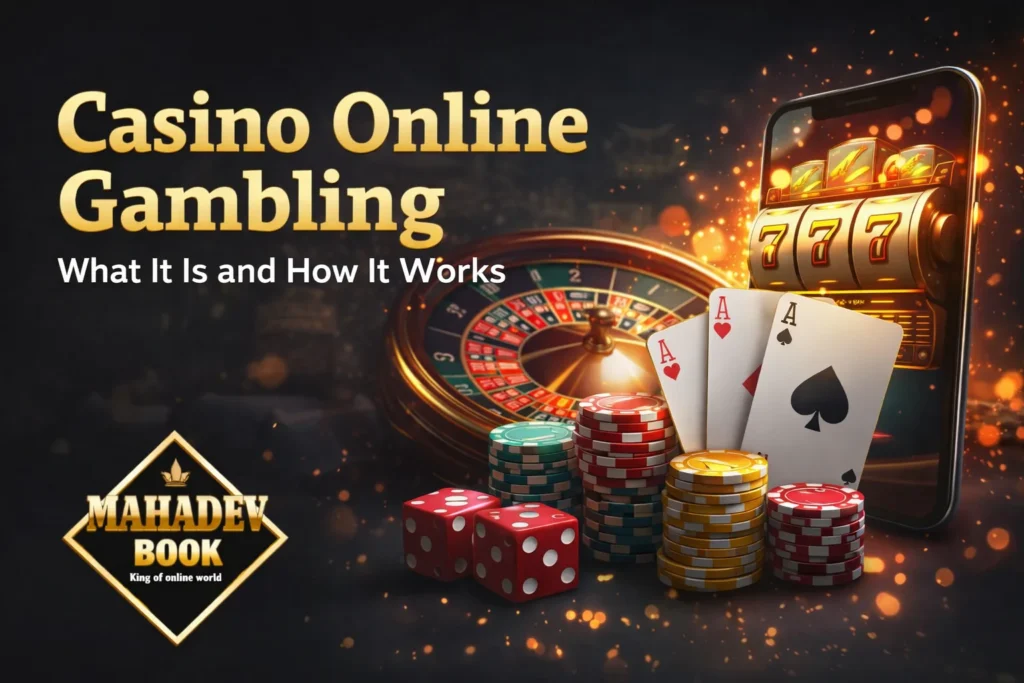 Casino online gambling introduction with Mahadev Book platform showing roulette, cards, and slot games