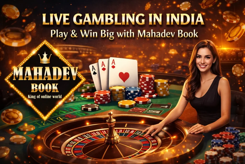Live gambling in India casino games with Mahadev Book logo roulette poker chips and dealer