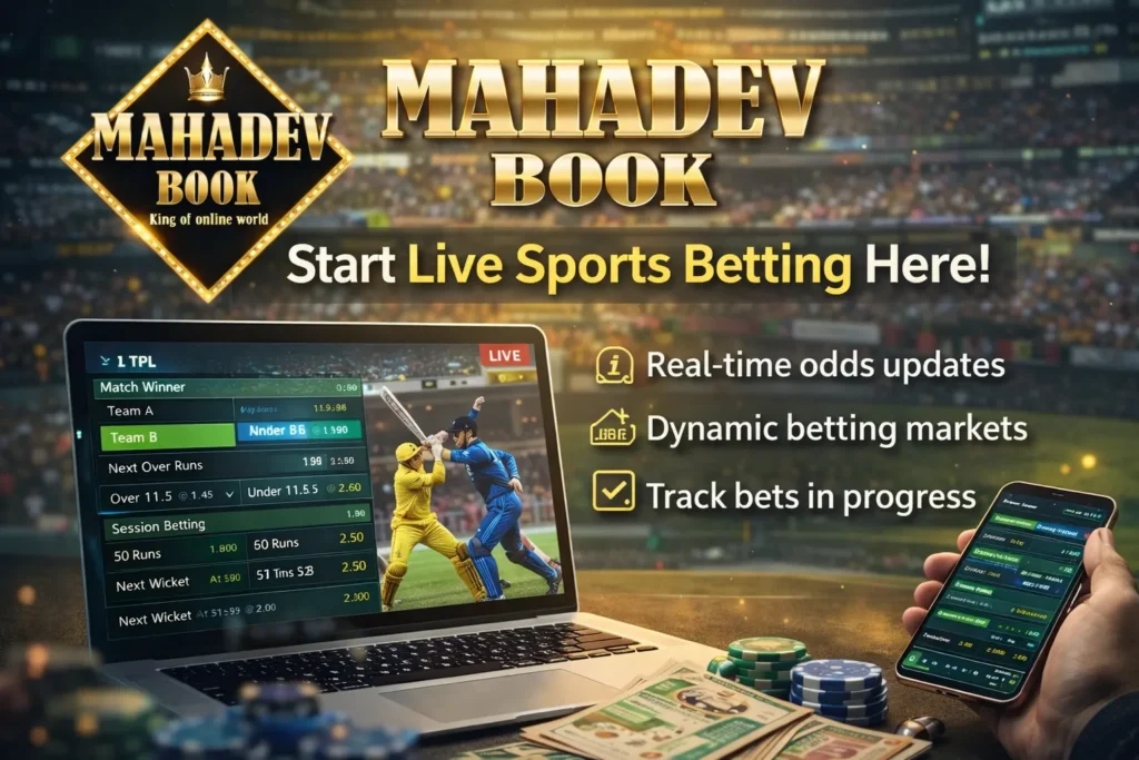 Mahadev Cricket ID live sports betting dashboard with real-time odds and match interface