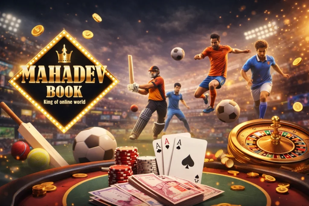 Mahadev Betting ID banner with Mahadev Book logo and sports betting casino background
