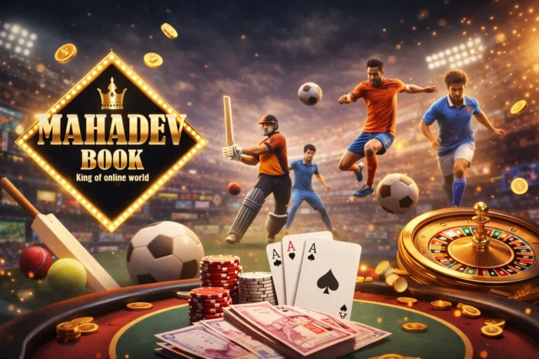 Mahadev Betting ID banner with Mahadev Book logo and sports betting casino background