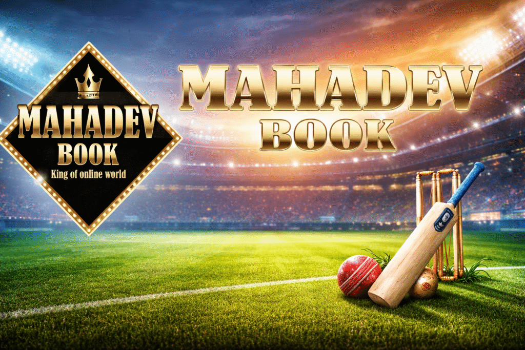 Mahadev Cricket ID sports betting book platform with cricket stadium background and betting interface