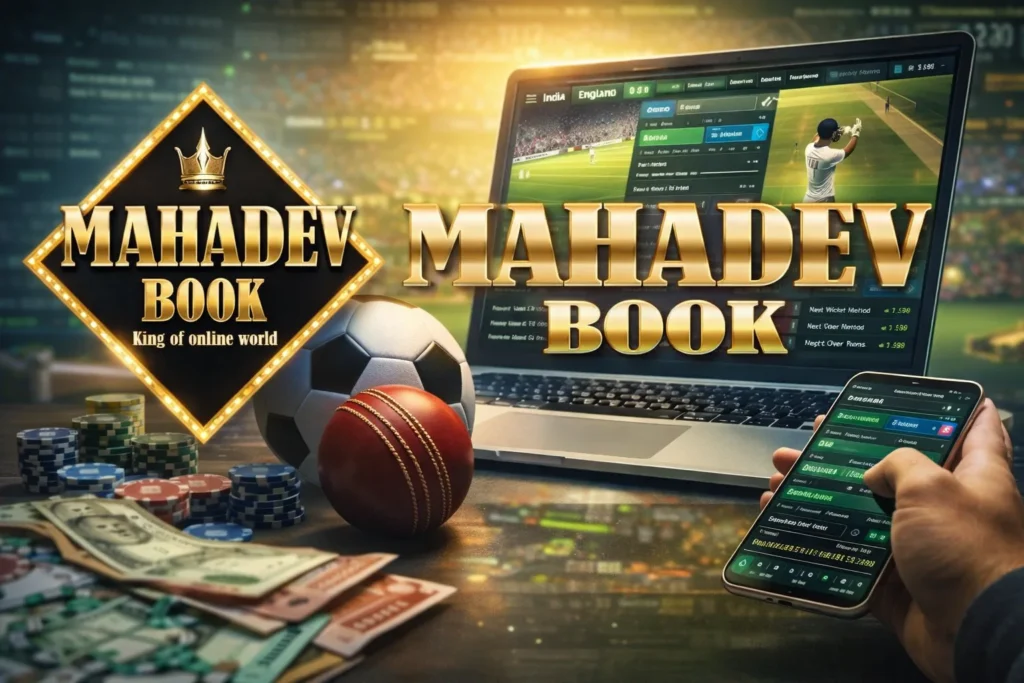 Mahadev Cricket ID logo displayed on a secure online betting platform interface with live sports betting dashboard