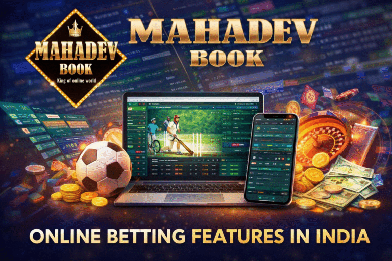 Online Betting Features in India with Mahadev Book platform showing live betting dashboard on mobile and laptop
