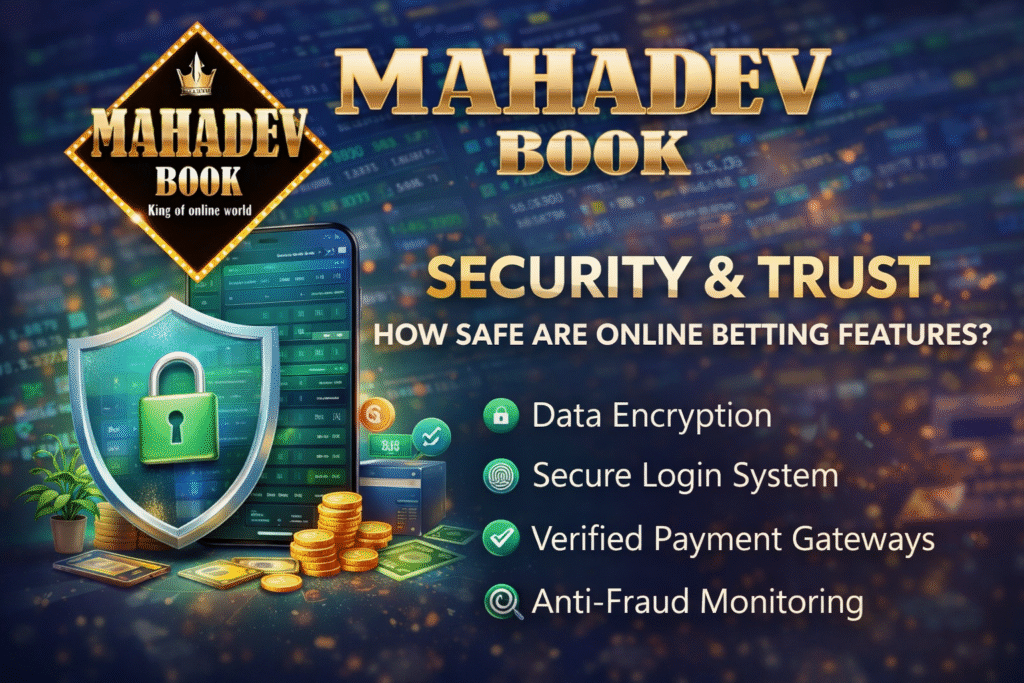 Secure Online Betting Features with Mahadev Book showing data encryption, safe login, and protected transactions