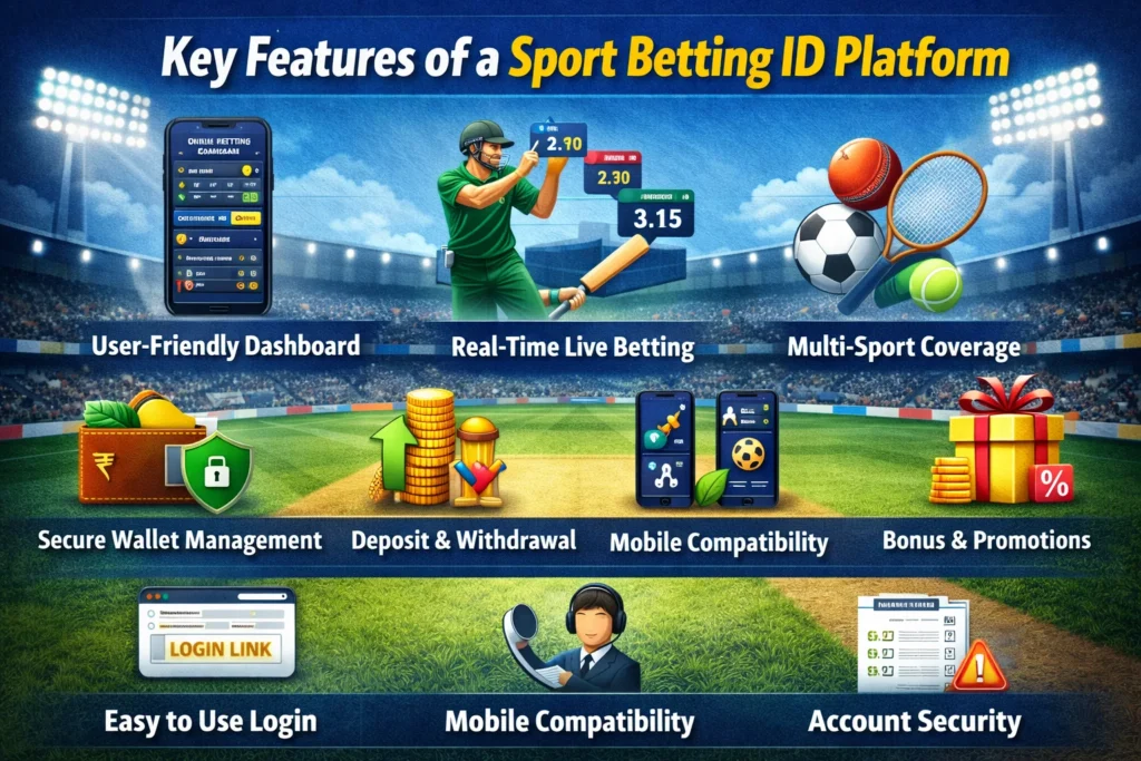 Infographic showing key features of a Sport Betting ID platform including live betting, secure wallet management, mobile compatibility and deposit withdrawal system.