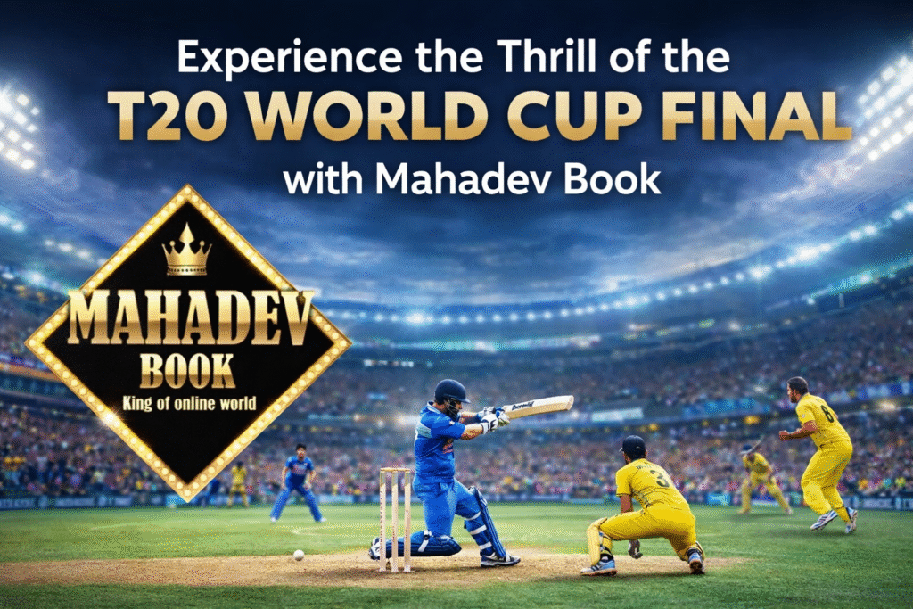 T20 World Cup Final live cricket action with Mahadev Book logo and stadium background