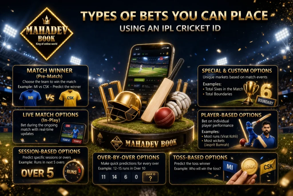 Types of bets using IPL Cricket ID including match winner live betting session betting and player performance options