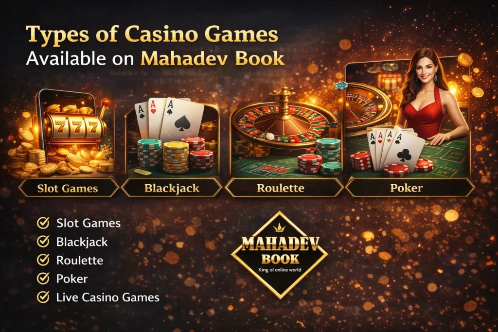 Types of casino online gambling games including slots blackjack roulette poker on Mahadev Book