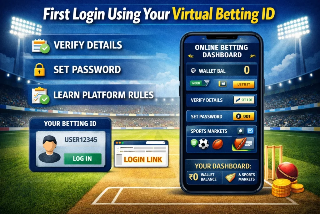 Step-by-step login process using a Vrtual Betting ID showing online betting dashboard, wallet setup and sports market access.