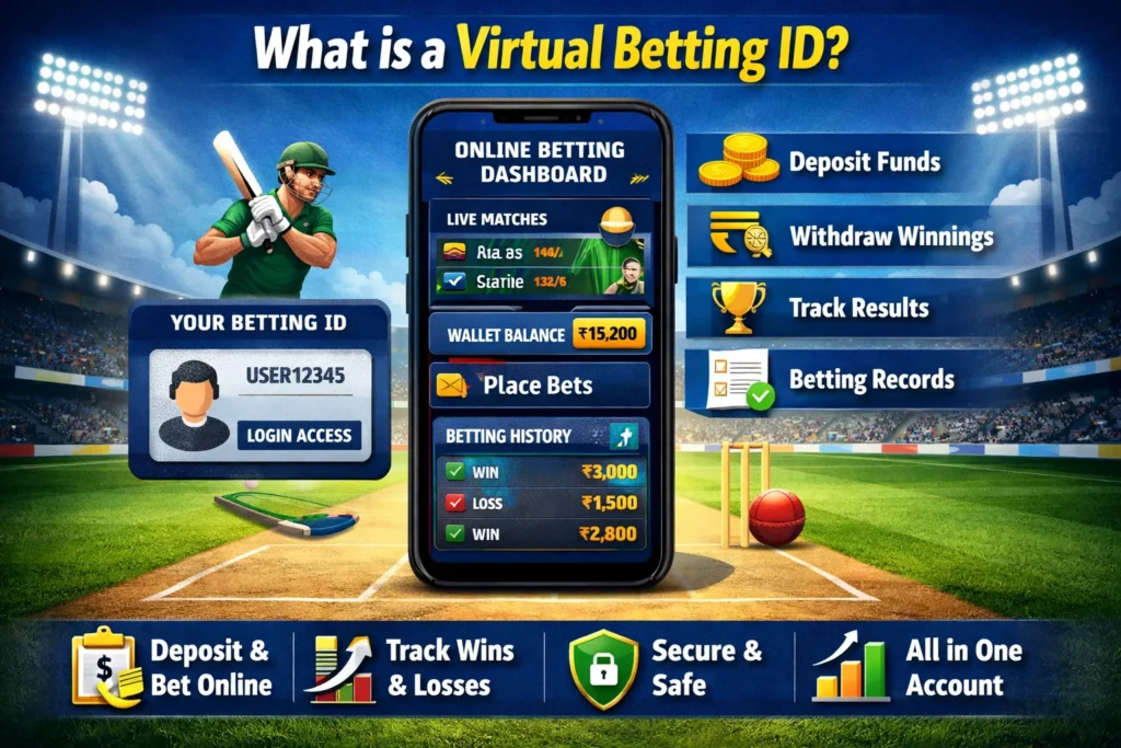 Infographic explaining what a Vrtual Betting ID is with online betting dashboard, wallet balance, deposit, withdrawal and cricket betting interface.